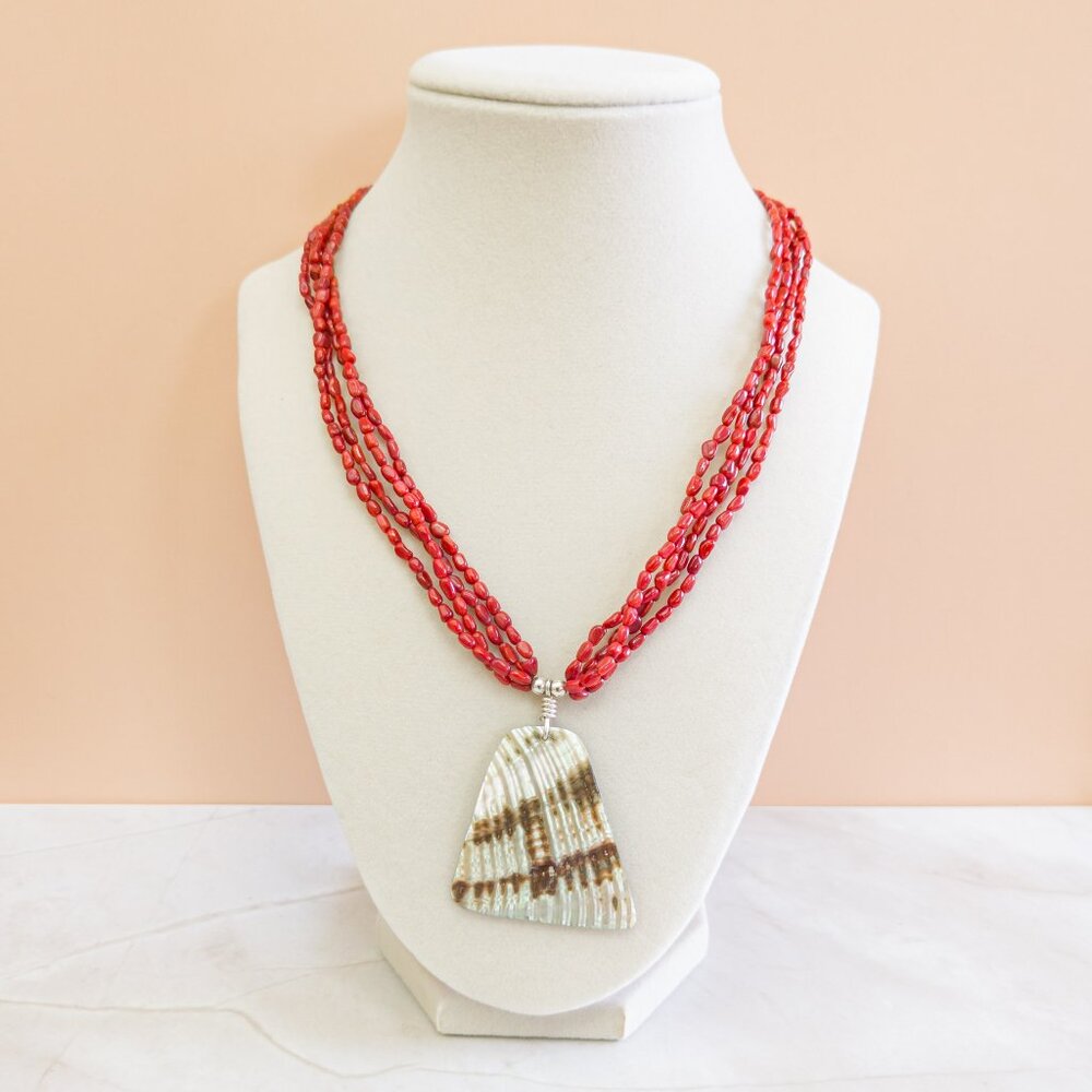 Sterling Silver 4-Strand Sponge Coral & Reversible Abalone Necklace – 18″